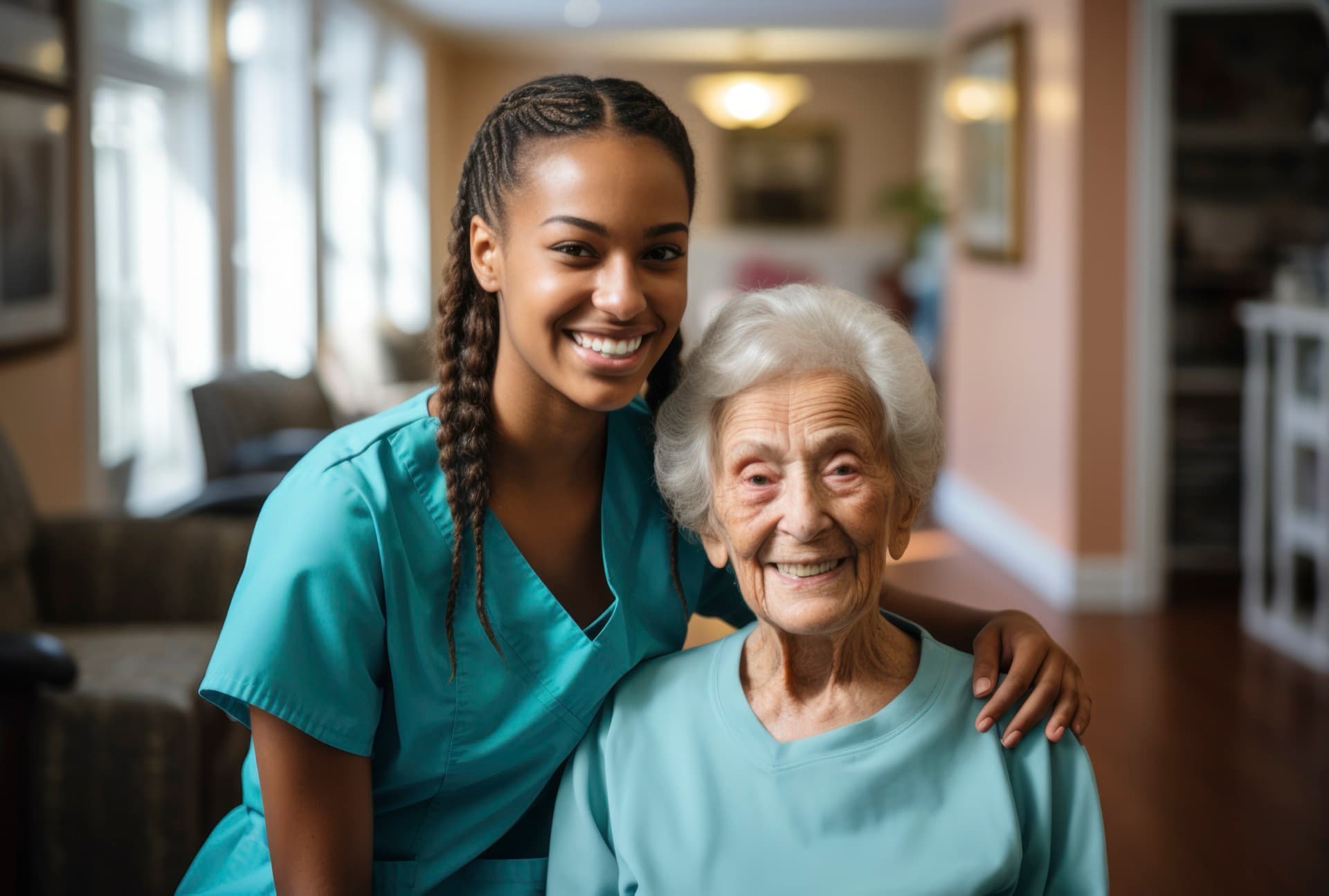 Elderly woman receiving compassionate home care from caregiver